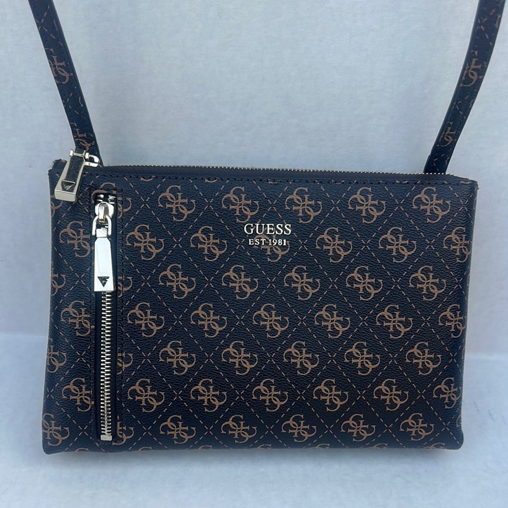 GUESS Black and Brown Crossbody Bag with Logo Pattern and Zipper Closure